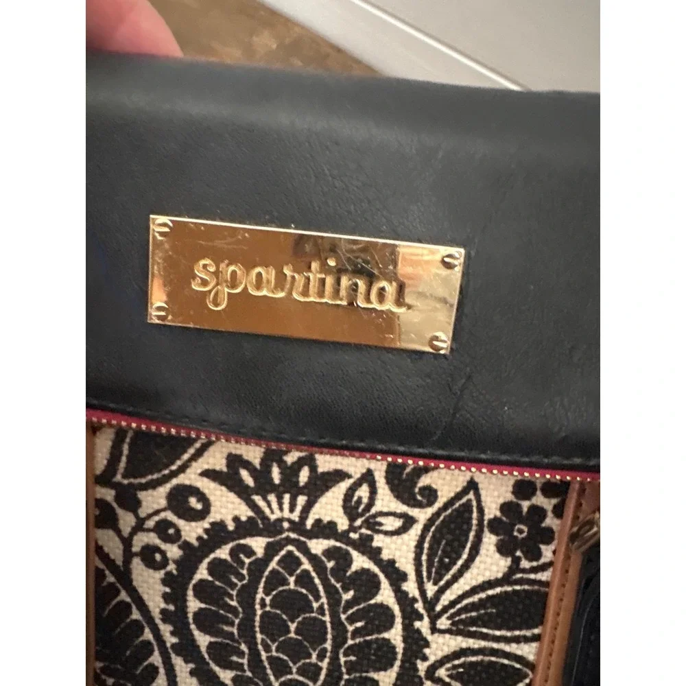 Spartina 449 Satchel Bag Black Cream Paisley Linen Leather Trim Gold Hardware